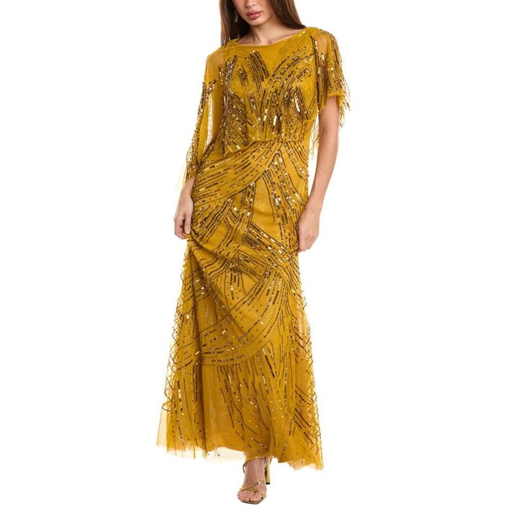 Theia Womens  Ayla Beaded Shawl Gown, Gold